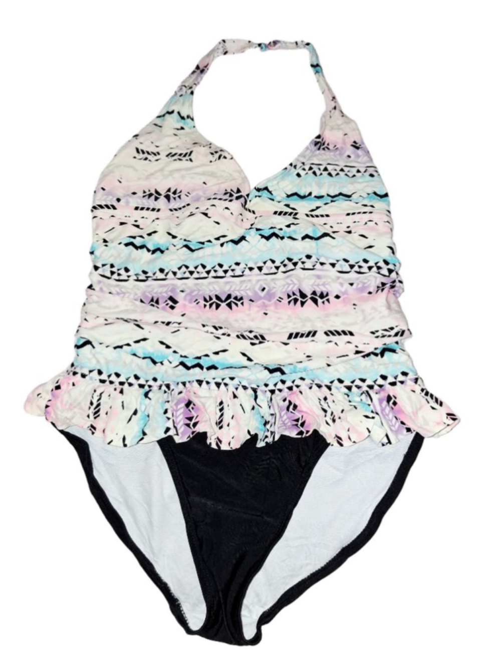 OP Juniors One Piece Swimsuit L White Black halter ruffled beach party